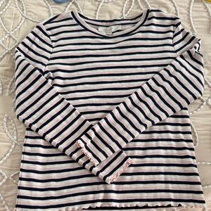 LOFT Women Long Sleeve Ruffle edge EUC Striped Top Pink and Navy M wore once